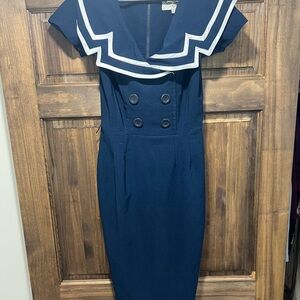 Vintage inspired Bettie Page Navy Dress with White Trim pin up